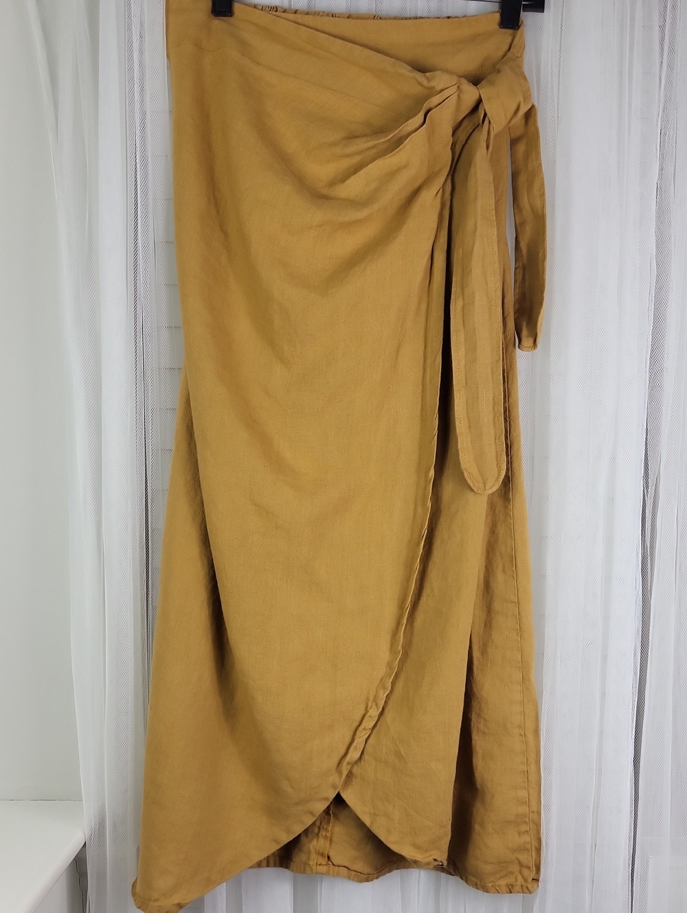 LINENFOX Mustard Wrap Midi Skirt with Tie Waist 100% linen. Size XS